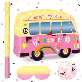 Groovy Bus Pinatas for Birthday Party Hippie Bus Pinata with Bat Blindfold Stick Confetti Rainbow Retro Boho Groovy Pinatas Gifts for Birthday Baby Shower Bus Theme Party Favors 15.8x9.8x3.2 Inches