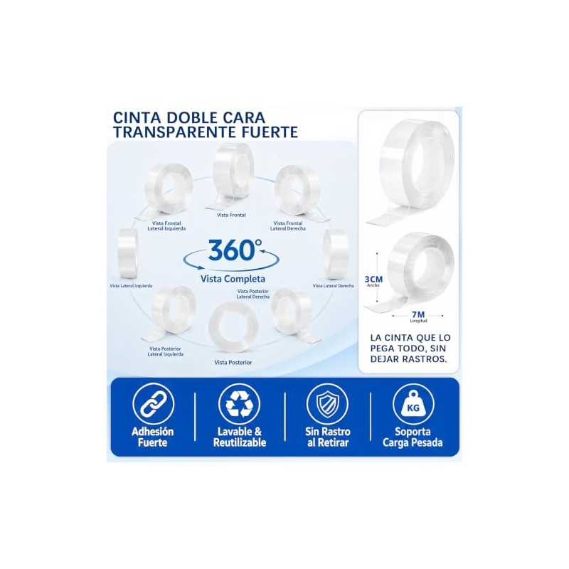 3 Rollos7M Cinta Doble Cara Extrafuerte,Reutilizable Nano Tape con tijeras,