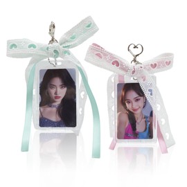 2 Sets Photocard Holder with Lace Bow Keychain Charm Badge Holders Cute,Transparent Kpop 3 Inch PhotoCard Display Holder Photo Card Holder, Acrylic Id Bus Card Holders Rose and Mint