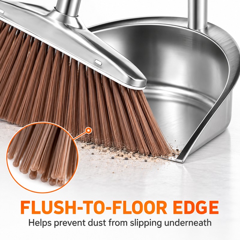 Stainless Steel Broom & Dustpan Set with Long Handles, Round