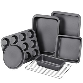 KITESSENSU Baking Pans Sets, Nonstick Bakeware Sets 7-Piece with Round/Square Cake Pan, Loaf Pan, Muffin Pan, Cookie Sheet, Roast Pan, Cooling Rack, Carbon Steel Bake Set