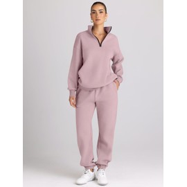 AUTOMET Womens Two Piece Lounge Joggers Set Oversized Half Zip Sweaters with Sweatpants for Teen Girls DarkPink XL