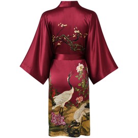 TicyLuck Women's Silk Kimono Robe Short Bathrobe Nightgown 100% Mulberry Silk for Women - Classic Floral Pattern (US, Alpha, One Size, Regular, Regular, Deep Red)