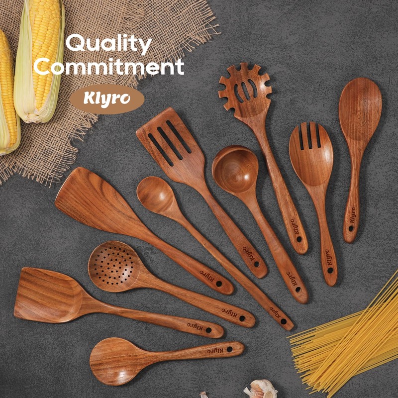 Teak Wooden Cooking Utensils Set, 10 Piece Premium Kitchen Cookware,