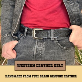 DANIEL'S ARTPLANET Western Belt for Men 1.5” Wide Full Grain One Piece Leather Belt with Buckle Handmade Engraved Tooled (Black, 40)
