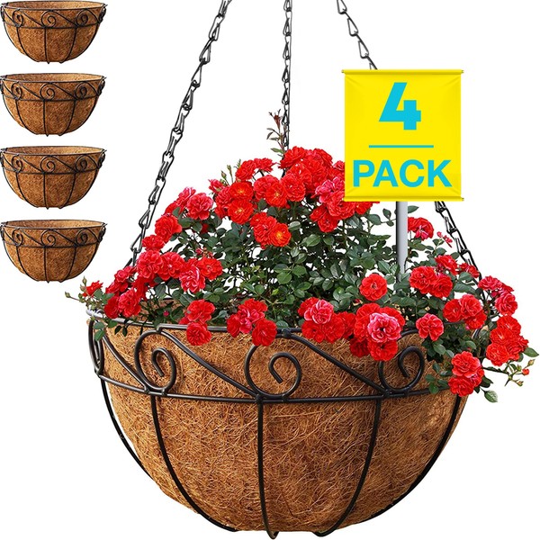 Hanging Planters for Outdoor Plants, 4 Pack 14" Metal Hanging Baskets for Plants Outdoor, Large Hanging Flower Pots for Outside with Coco Liners Outdoor Hanging Planter for Porch Hanging Flower Basket