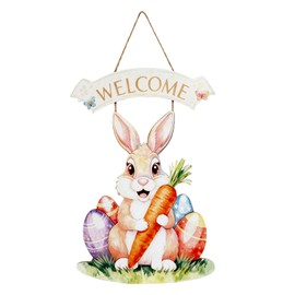 LianheCy Easter Decoration Door Wall Signs Wooden Rabbit Welcome Sign for Front Door Bunny Egg Carrot Ornaments Hanging Crafts for Spring Home Farmhouse Indoor Outdoor Party Supply Happy Easter