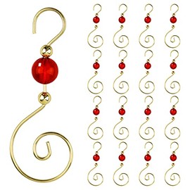 INCREWAY Wire Ornament Hooks, 30 Pcs Gold S-Shaped Christmas Tree Hanger Hooks Metal Decoration Hooks with Red Round Crystal Beads for Party, Home Decor (Gold Hook & Red Bead)