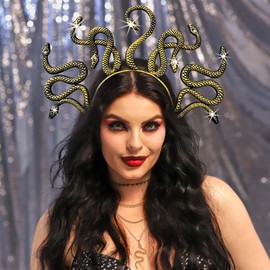 Reaky Snake Jewelry Set Gold Layered Snake Necklace Earrings Adjustable Snake Rings Medusa Snake Costume Hollween Jewelry for Women (Pack of 4) (5 PCS Gold Necklace Earrings Ring Bracelet Headband)