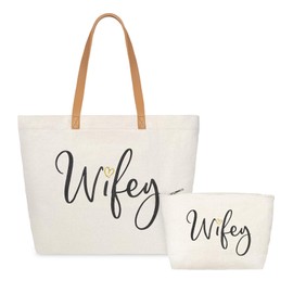 ELEGANTPARK Wifey Bag Wedding Gifts for Bride Bridal Shower Bachelorette Gift for Bride Honeymoon Gift Large Canvas Makeup Tote Shoulder Bags with Zipper Set of 2