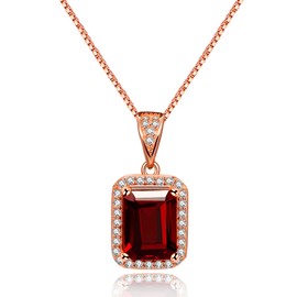 Uloveido Women Rose Gold Plated 925 Sterling Silver Square Cut Natural Red Garnet Gemstone Necklace Wedding January Birthstone Pendant Jewellery Birthday Gift for Girl-Friend Mother Sister