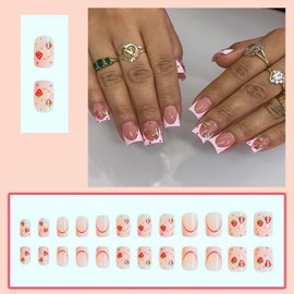 Mkwntg French Tip Press on Nails Short Square Fake Nails Cute Pink Strawberry Glue on Nails Glossy Light Pink French Tip Full Cover Acrylic Nails Valentine's Day Stick on Nails for Women Girls 24Pcs