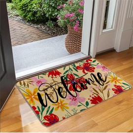 Floral Door Mats 30x17 inch Spring Indoor Outdoor Flowers Rug Summer Absorbent Carpet Rugs Floor Mat with Rubber Backing for Outside Patio Home Decor (Red)