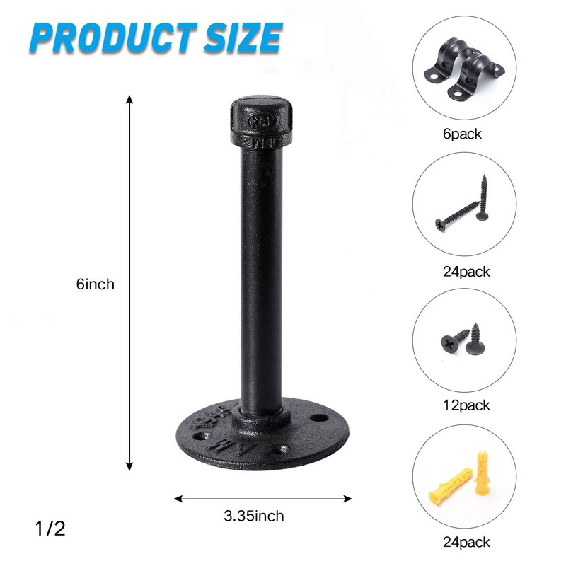 1/2" Industrial Black Iron Pipe Shelf Brackets, Rustic Wall Mounted