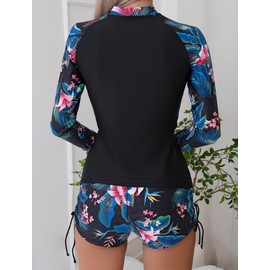 Two Piece Rash Guard Bathing Suit for Women Long Sleeve UV Protection Zip Front Surfing Swimwear Shirts with Boyshorts