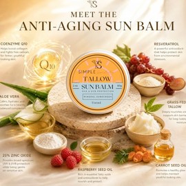Tallow Sun Balm, con sebo de res alimentado con pasto, aceite de ricino, óxido de zinc, protector solar mineral, natural, orgánico, seguro para arreci