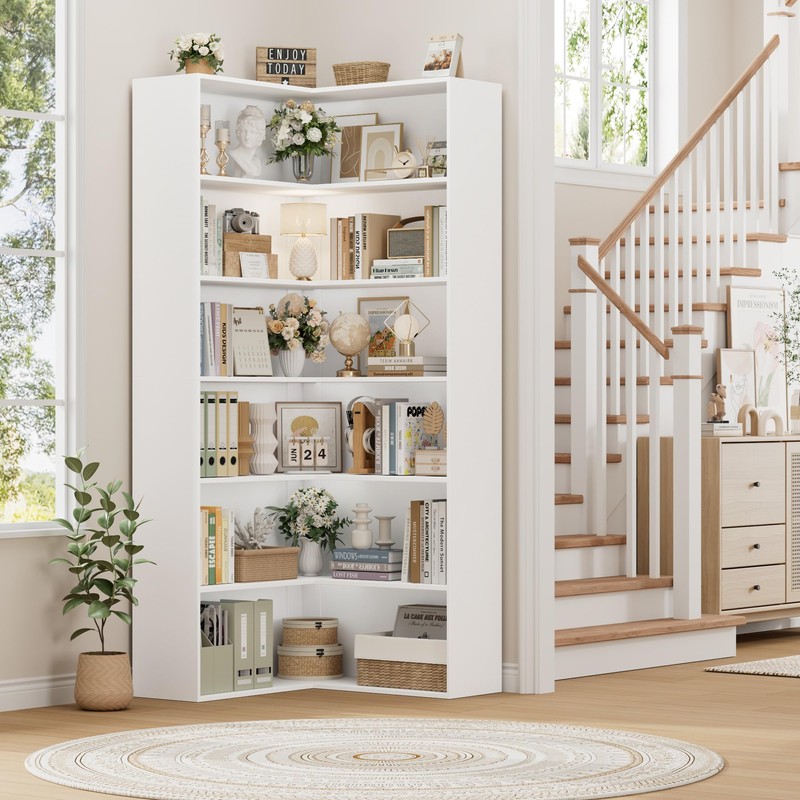 FACBOTALL Corner Bookshelf with Storage, 73.5" Tall Bookcase Shelf, White