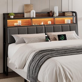 Ergonomic Headboard for Queen Size Bed with 2-Tier Storage, Upholstered Headboards with Outlets, USB Ports, LED Light, Queen Head Board Only, Height Adjustable, Sturdy and Stable, Black & Brown