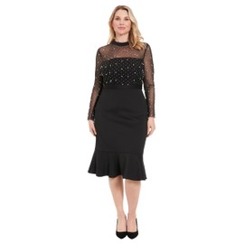 London Times Women's Dresses Midi Dress - Sheer Mesh Long Sleeves Sequin Embellished Yoke - Fitted Skirt with Flounce Hem - Elegant Cocktail Dresses, Black, 14