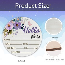 Hello World Purple Rose Baby Name Sign Birth Announcement Plaque with Name Date Weight 6" Round Birch Wood Nursery Decor Newborn Hospital Keepsake Gift for Parents