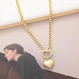 KOFISNI Gold Heart Pendant Necklace for Women 14K Gold Plated Chunky Cuban Chain Link Necklace Puffy Heart Pendant Necklace Statement Necklace Trendy Jewelry (gold 2)