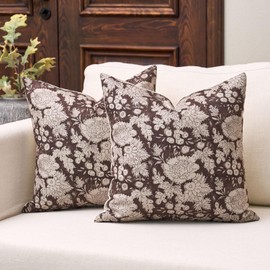 DOMVITUS Floral Pillow Covers 18x18 Set of 2, Vintage Block Print Pillow Covers Neutral Decorative Farmhouse Throw Pillow Covers for Bed Couch Living Room Dark Brown
