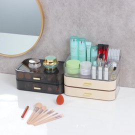 OSteed Cream Makeup Organizer Countertop 2 Drawers for Vanity, Bathroom Counter and Storage Drawer, Skincare Drawer Organizer for Desks, Stackable Cosmetic Storage Box for Dresser & Toiletry