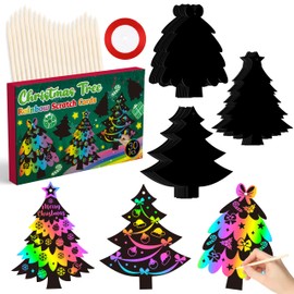 WATINC 60pcs Christmas Tree Scratch Paper Art Ornaments DIY Rainbow Xmas Party Scratch off Card Hanging Craft Magic Drawing Coloring Sheet Set with Stick for Kids Gifts Home Activities School Decor