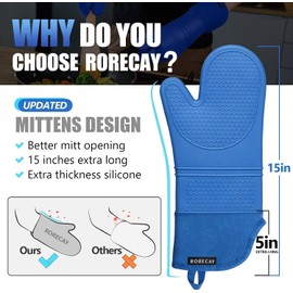 Rorecay Extra Long Oven Mitts and Pot Holders Sets: Heat Resistant Silicone Oven Mittens with Mini Oven Gloves Hot Pads Potholders for Kitchen Baking Cooking, Quilted Liner, Pack of 6 (Lake Blue)