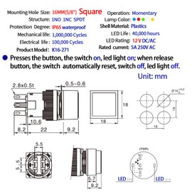 ZJWZJH 3 Pcs 16mm 5/8" Momentary Push Button Switch Square Green Start Butto SPDT with 12VDC LED Light Waterproof Self-Reset 5 Pin with Wire UL Certification