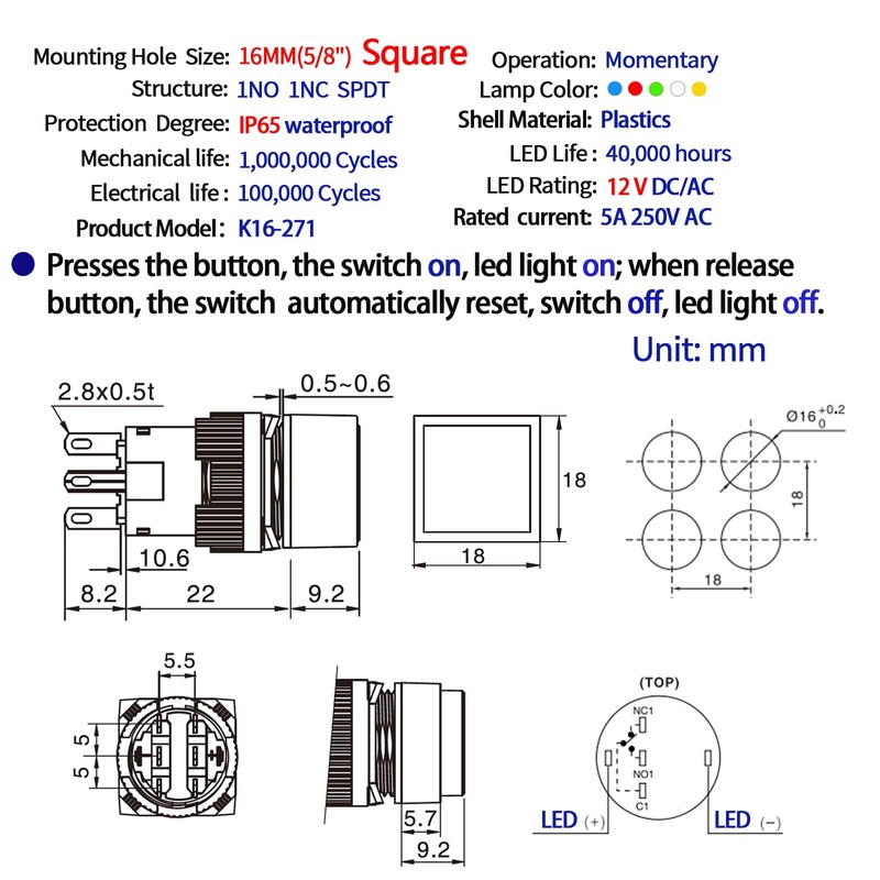 ZJWZJH 3 Pcs 16mm 5/8" Momentary Push Button Switch Square