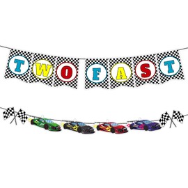 Two Fast Banner Happy Birthday Banner, Racing Car Theme Checkered Flags Black and White Garland Bunting Banner for Happy 2nd / 2 fast Birthday Party Decoration Photo Prop Supplies