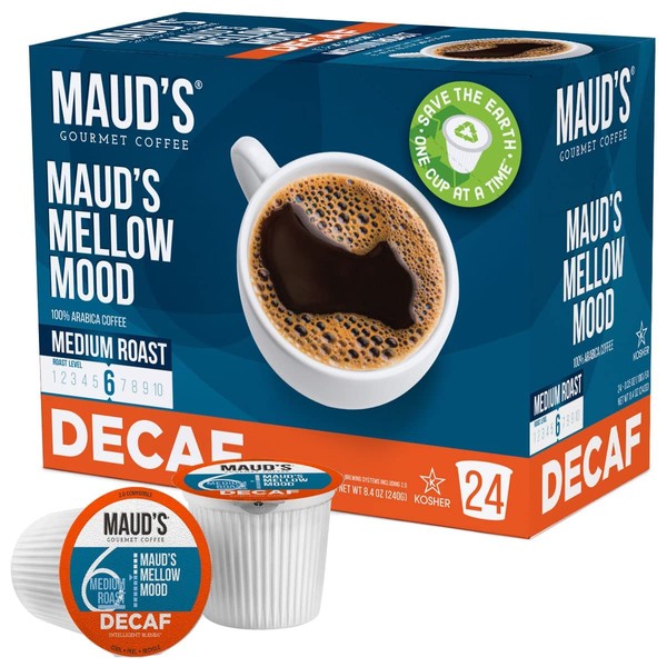 Maud’s Decaf Medium Dark Roast Coffee (Mellow Mood), 24ct. Solar Energy Produced Recyclable Single Serve Decaf Medium Dark Roast Coffee Pods – 100% Arabica Coffee California Roasted, KCup Compatible