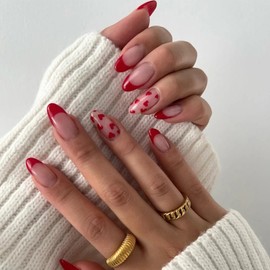 LBPEPAMZ Heart Press on Nails Short Medium Almond Fake Nails with Red Heart Designs Red French Tips Acrylic Nails False Nails Full Cover Glossy Romania Stick on Nails for Women Date Wear