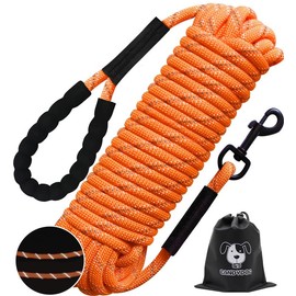 CANDYDOG - Correa larga para perro para entrenamiento de perros de 30 pies, cuerda reflectante resistente con mango acolchado suave, adecuada para perros pequeños a grandes, naranja brillante, correas