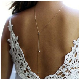 Yheakne Boho Pearl Back Chain Necklace Silver Layered Background Necklace Body Chain Pearl Bridal Back Drop Chain Summer Beach Body Jewellery for Women and Girls Gifts (Silver)