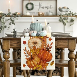 Artoid Mode Orange Pumpkin Maple Leaf Stripes Fall Table Runner, Seasonal Autumn Kitchen Dining Table Decoration for Home Party Decor 13x36 Inch