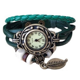 Mixe Elegant Ladies Bronze Leaf Boho Chic Vintage Inspired Bracelet Dress Watch (Green)