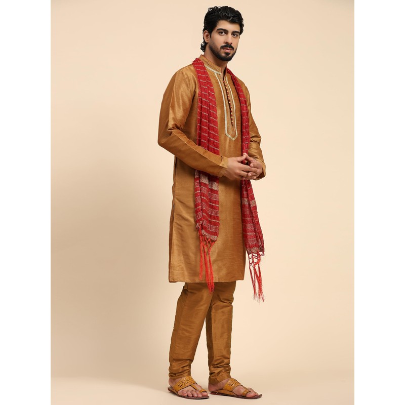 SKAVIJ Men's Dupion Silk Embroidered Kurta Pajama Scarf Set Ethnic