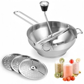 Volumoon Stainless Steel Strainer with 3 Strainer Insert Perforated Discs, Easy Grinding, Potato Press Strainer, Classic Manual Vegetable Grinder for Puree, Jam, Baby Food