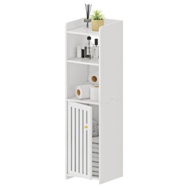 POBOMULI Small Bathroom Storage Cabinet, Narrow Bathroom Organizers with Door and Open Shelf for Toilet Bathroom Small Spaces, White