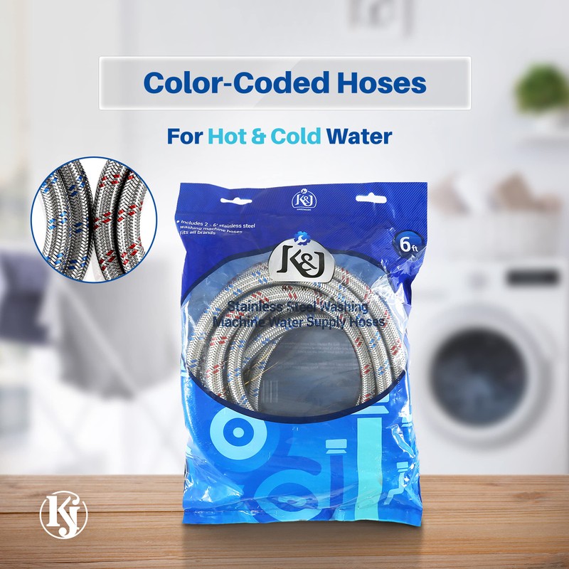 K&J Premium 6ft Washing Machine Hoses Burst Proof 2 Pack