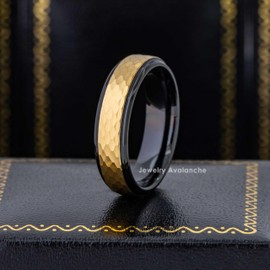 6mm Womens 2-Tone Black Tungsten Wedding Band, Yellow Hammered Finish, Comfort-Fit Stepped Edge Engagement Ring - TN984s13