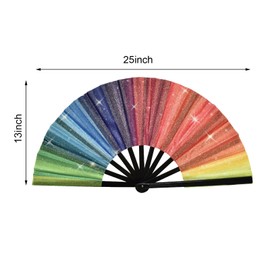 JRAIYBZ UV Glow Large Folding Hand Fan for Women Foldable Clack Fan Bamboo Rave Fan,Folding Clack Hand Fan for Men Women Handheld Fan for EDM,Music Festival,Club,Freaky,Party,Dance (Glitter Rainbow)