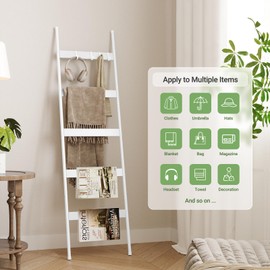 ELYKEN Blanket Ladder for Living Room, Farmhouse 5 -Tier Quilt Holder with 4 Removable Hooks for Bathroom, Wood Towel Rack Display, Wall Anchor Leaning Decorative Stand for Home Decor, White