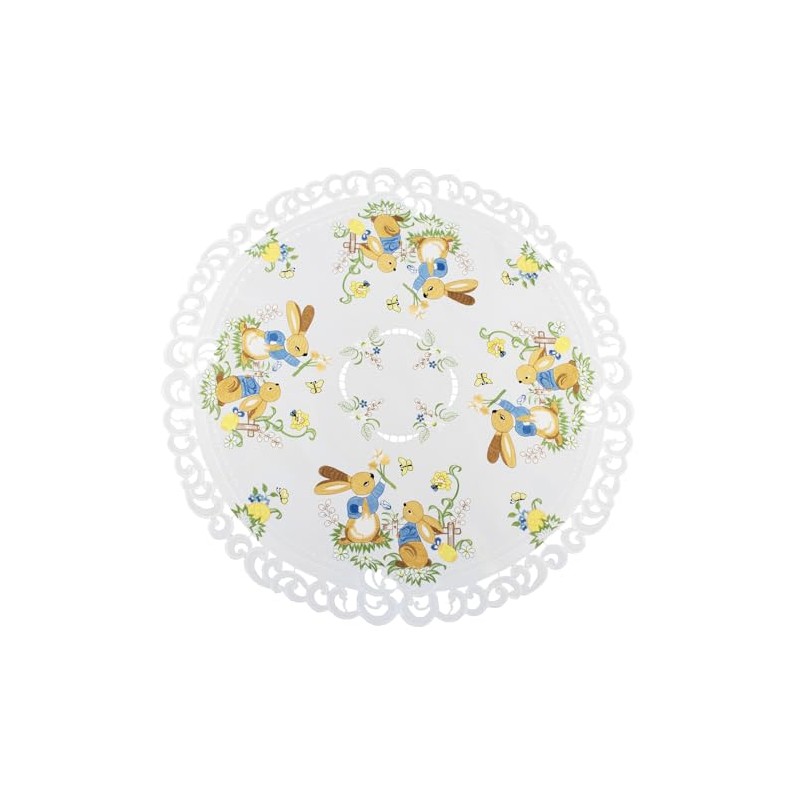 Easter Bunny Table Topper, Round Decorative, White with Floral Pattern