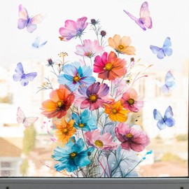 1 Sheet Spring Floral Window Cling Colorful Gradient Flower Butterfly Window Stickers DIY Plant Window Cling Watercolor Double-Side Static Glass Decals for Spring Home School Party Decoration