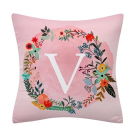 Fullfun Alphabet Letter Cushion Covers, Pink Double Sided Flower and Letter Printed Throw Pillow Covers Soft Polyester Decorative Pillow Cases for Sofa Couch Bedroom Home Decor (1PC, 50cm x 50cm)