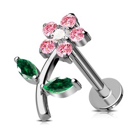 Jewseen Flower Cartilage Earring Flat Back Earrings CZ Cartilage Stud Internal Thread Helix Earrings G23 Titanium Nose Piercing, Titanium