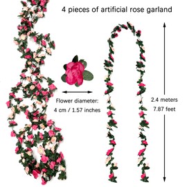 duoyif Flower Garland, Decorative Roses Flower Garland, Pack of 4, 2.4 Metres, Pink Artificial Flowers Garland, Decorative Flowers, Flower Tendrils, Like Real for Wedding Arch, Wall Backdrop, Garden,